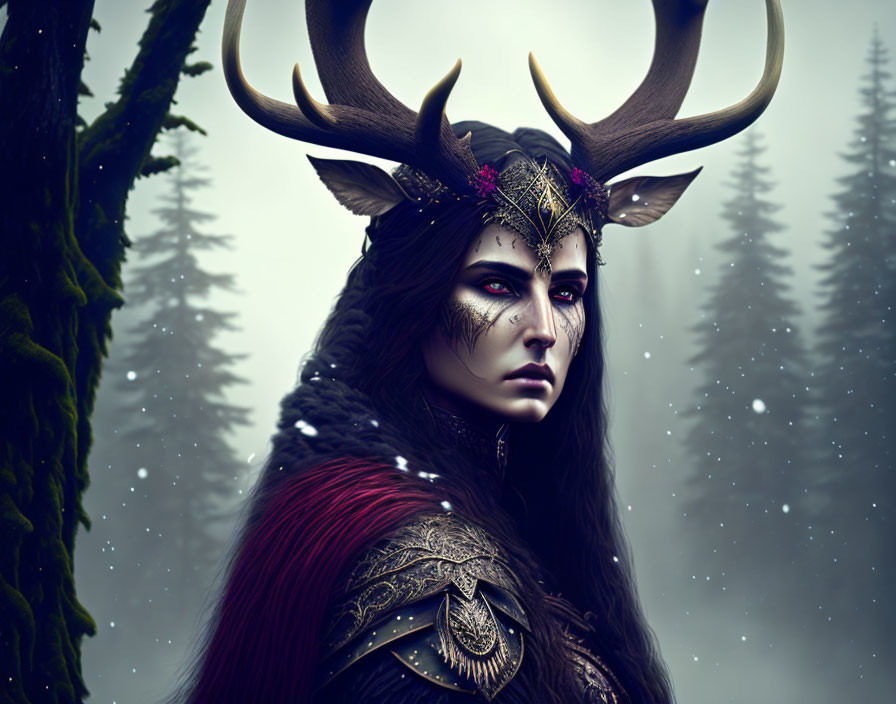 Fantasy figure with antlers and armor in snowy forest