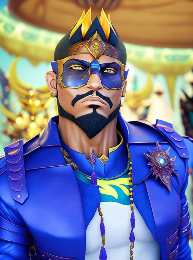 Regal man illustration in blue and gold crown, mask, and ornate armor