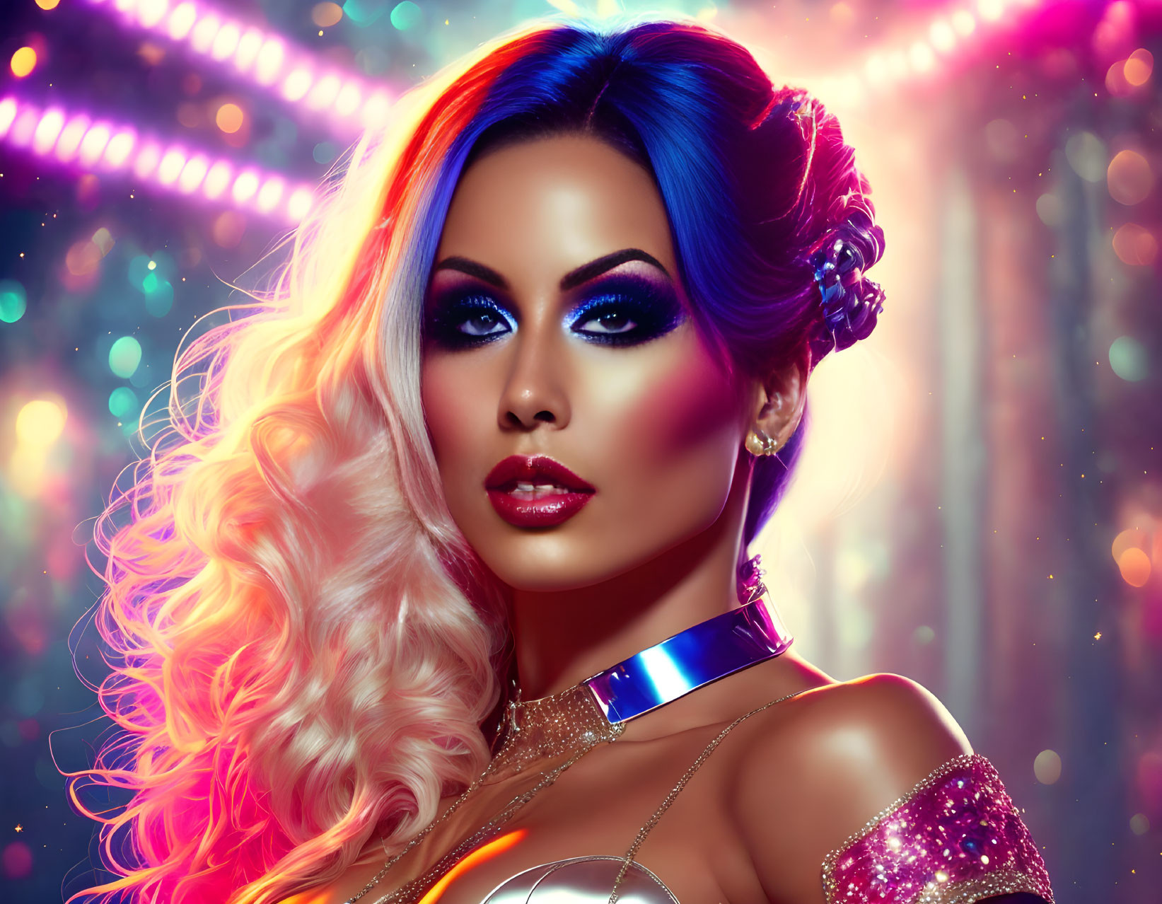 Blonde woman with blue makeup and pink attire in vibrant background