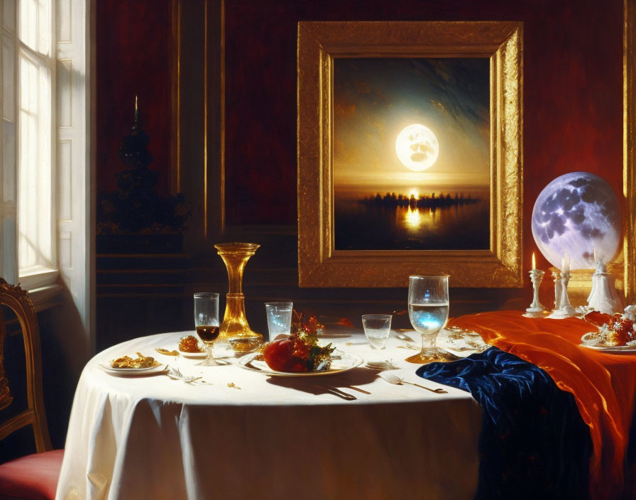 Moonlit landscape painting in elegant dining room with set table and reflective moon orb
