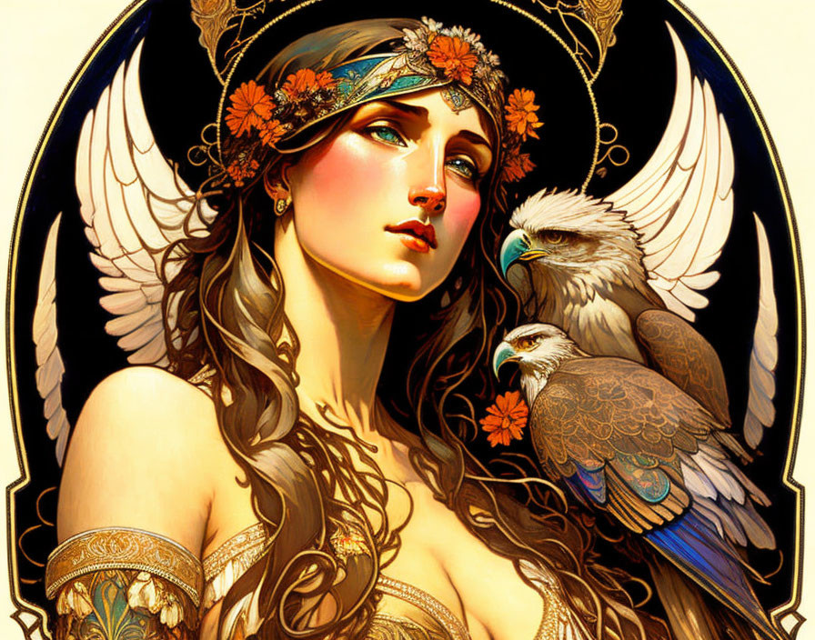 Illustrated woman with floral crown and birds in warm colors