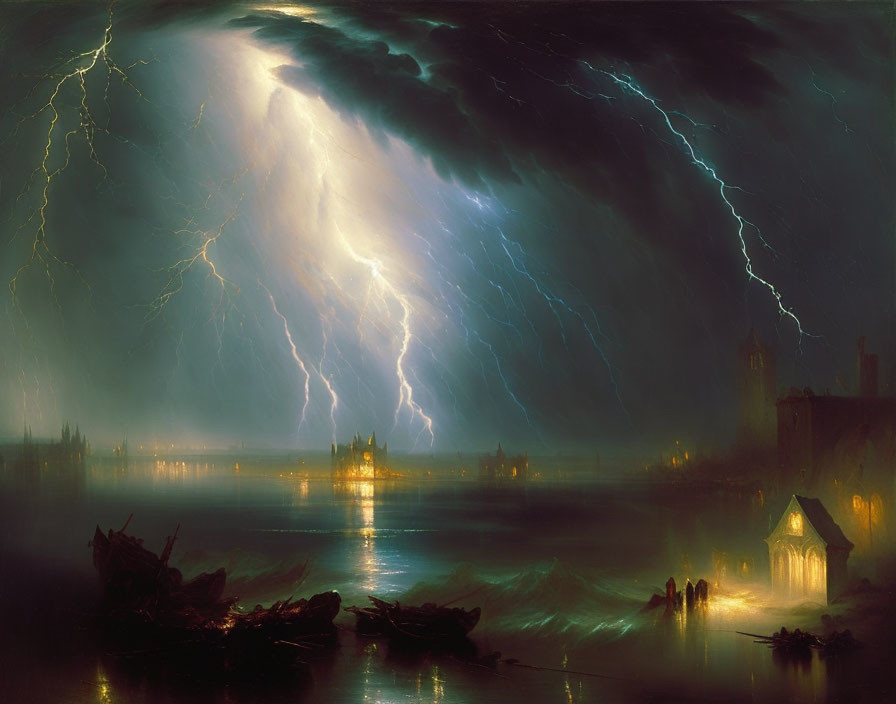 Night-time Thunderstorm Painting with Lightning Strikes over River & Castle