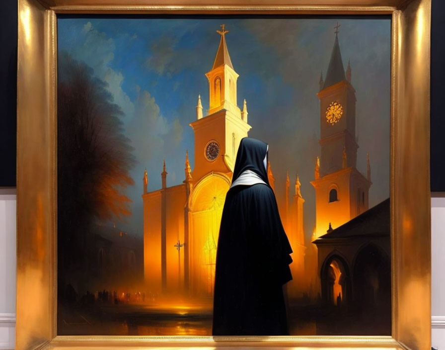 silhouette of the nun in front of the church