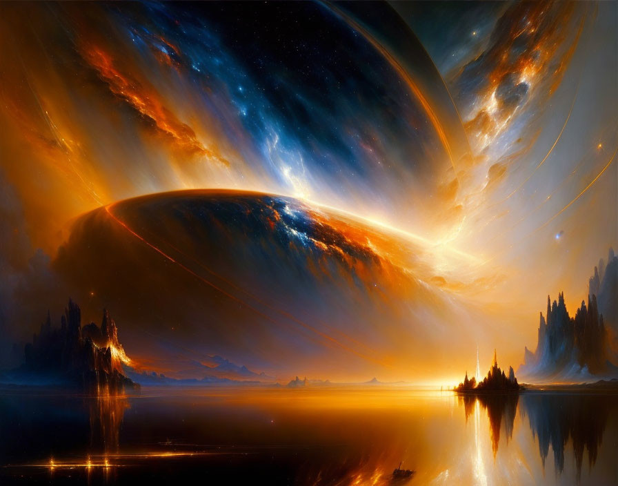 Vibrant cosmic scene with nebulae and celestial bodies in digital art