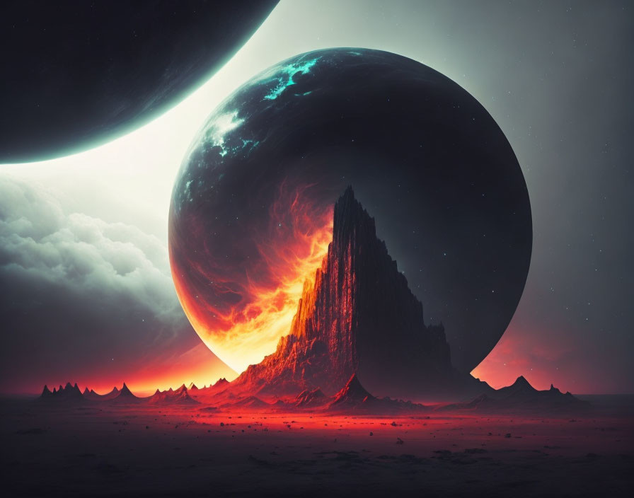 Surreal landscape with giant mountain, night sky, and two planets in red and black palette