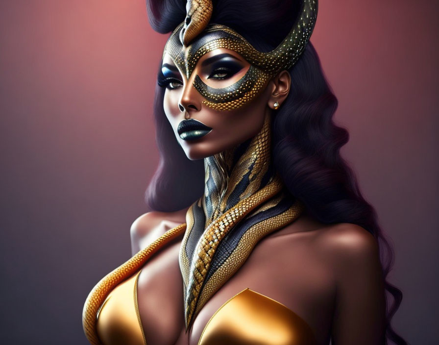 Woman with dark makeup and snake-like accessories on gradient background
