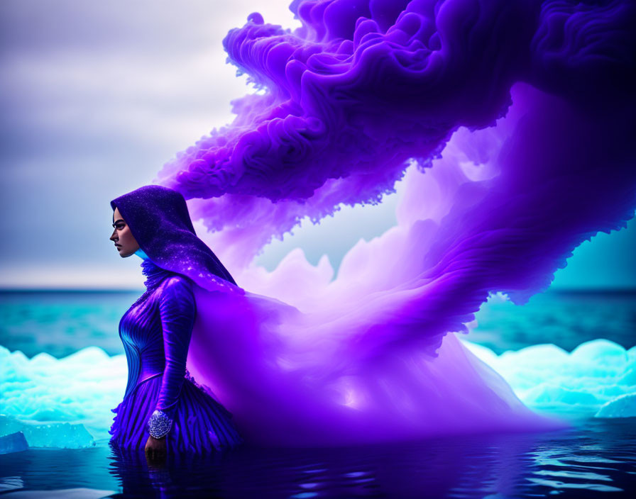 Woman in purple hooded dress with ethereal train by glowing blue water