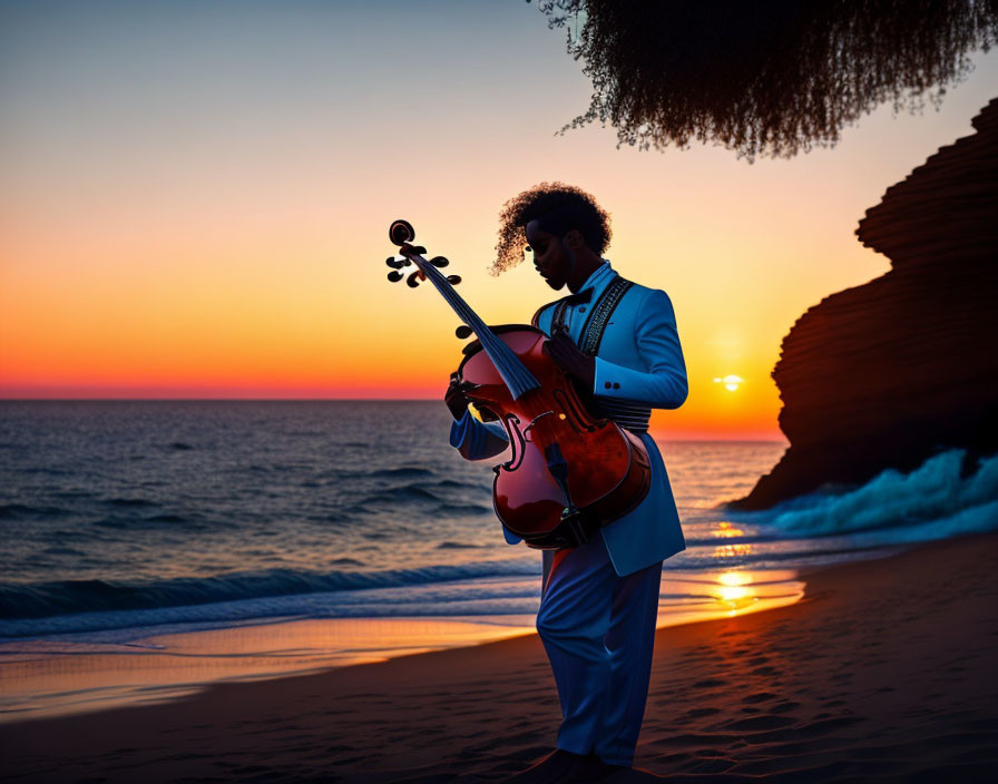 Musician with afro in suit on beach holding cello at sunset