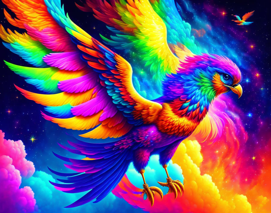 Colorful Fantastical Bird Soaring in Psychedelic Sky