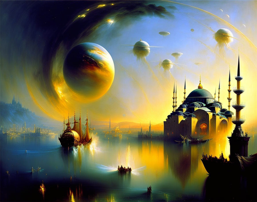Futuristic cityscape at dusk with giant planets, airships, and luminous waters