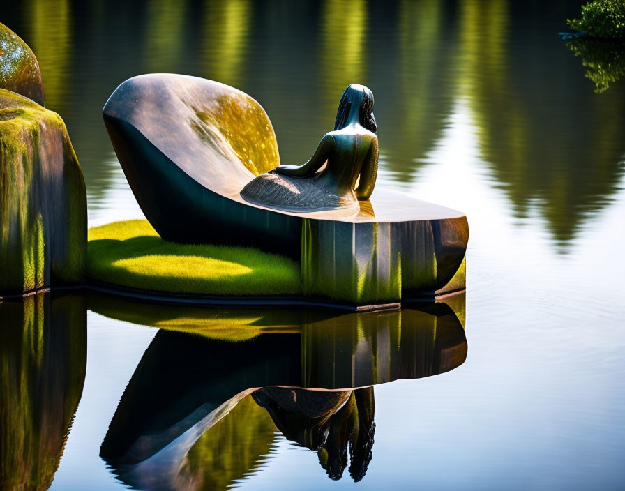 Reclining figure sculpture on mossy platform reflected in water