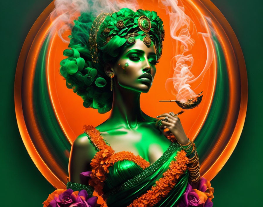 Green-skinned woman in ornate dress with smoking pipe on orange backdrop