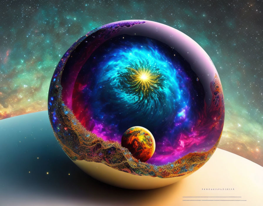Colorful digital artwork: cosmic sphere with galaxy, smaller sphere, celestial bodies, starry space.