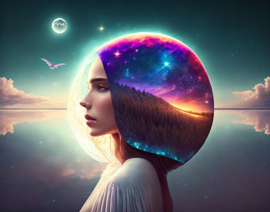 Surreal image: Woman with cosmic forest bubble head under crescent moon