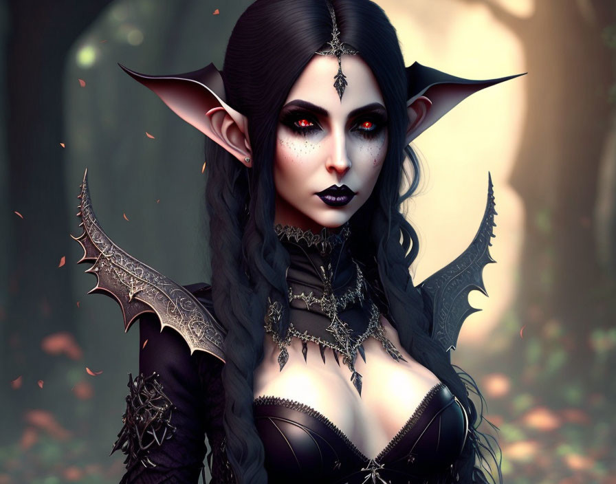 Female fantasy character with pointed ears, gothic outfit, and bat wings in forest scene