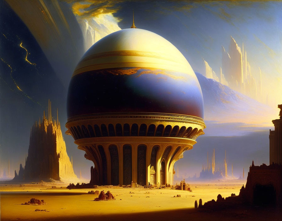 Futuristic desert city with large dome structure & auroras