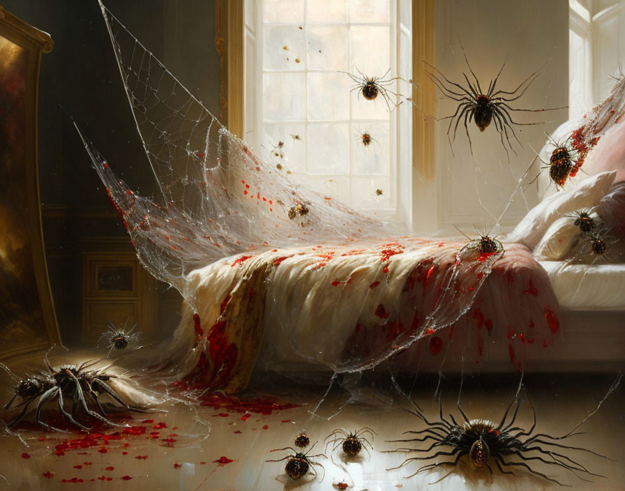 Dimly Lit Room with Blood-Splattered Bed and Giant Spiders