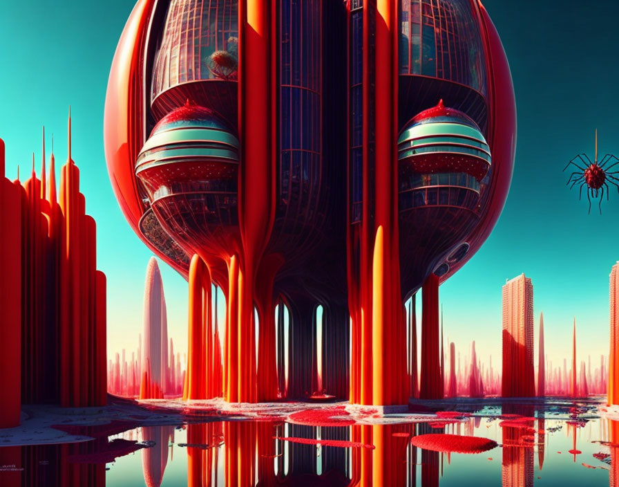 Futuristic cityscape with spherical towers and a spider-like drone in a blue sky