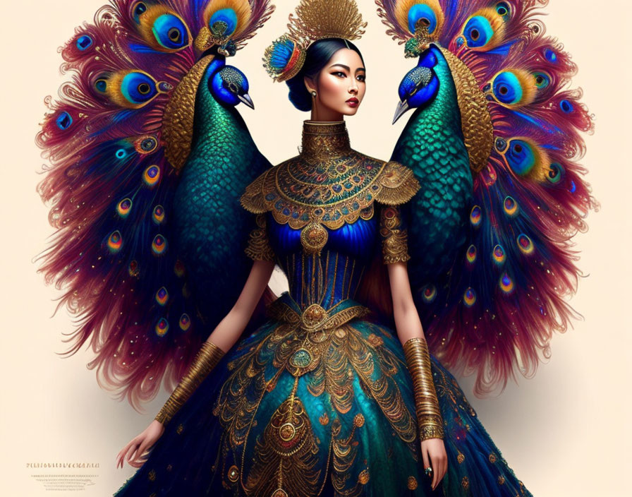 Elaborate peacock-themed gown with gold details on woman