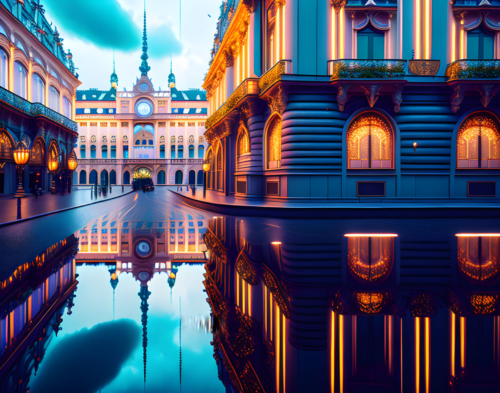 Ornate illuminated building with intricate facade reflected in glassy surface