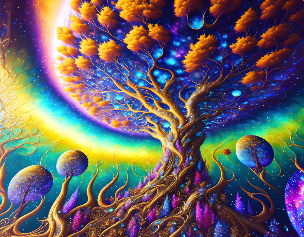 Colorful Psychedelic Tree Artwork with Cosmic Background