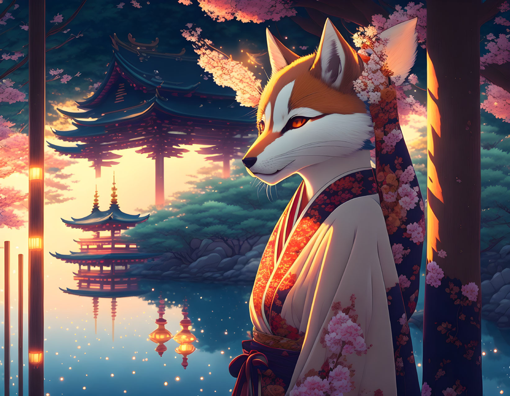 Anthropomorphic fox in Japanese attire at temple with cherry blossoms