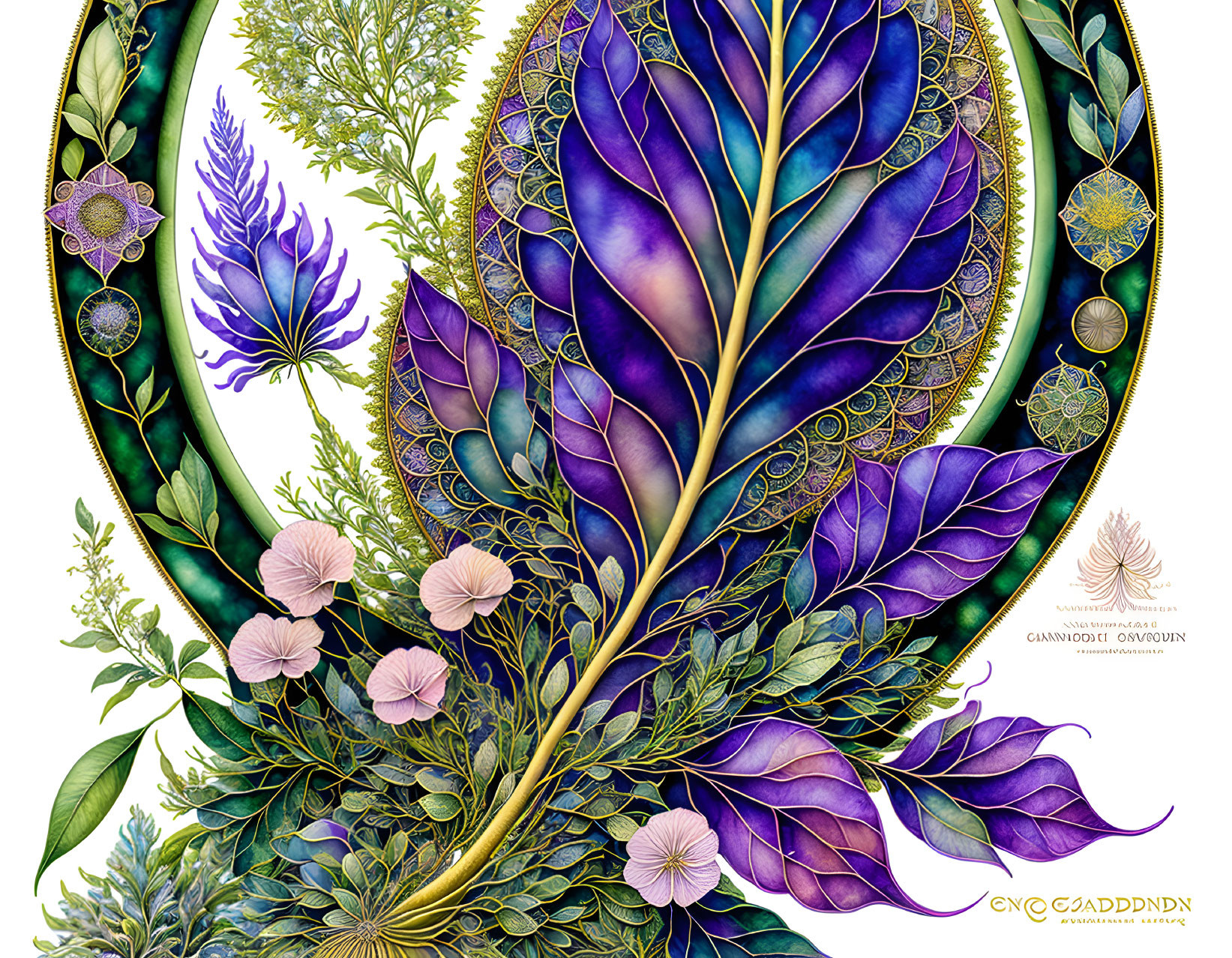 Colorful artwork: Purple leaves and flowers with gold details on light background