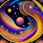 Colorful digital artwork with cosmic patterns and mandala designs on starry sky.