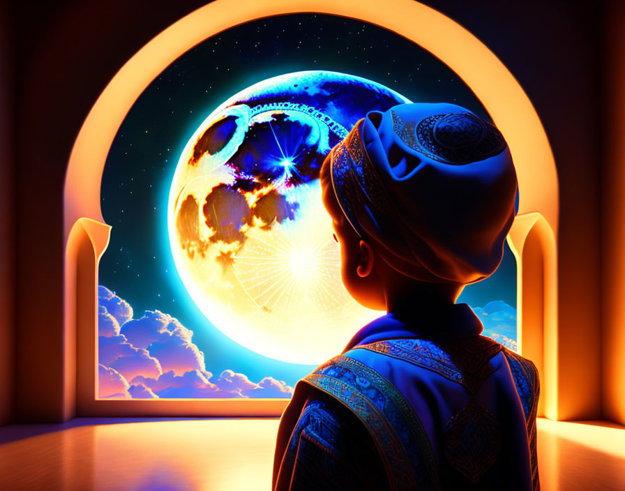 Person in ornate clothing gazes at luminous oversized moon through window