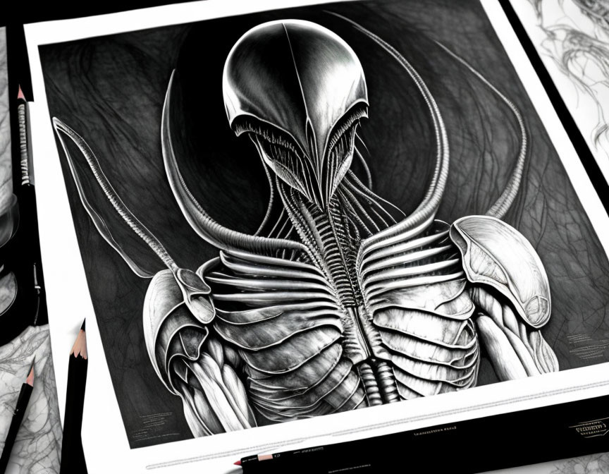 Detailed Xenomorph Pencil Drawing with Artist Pencils