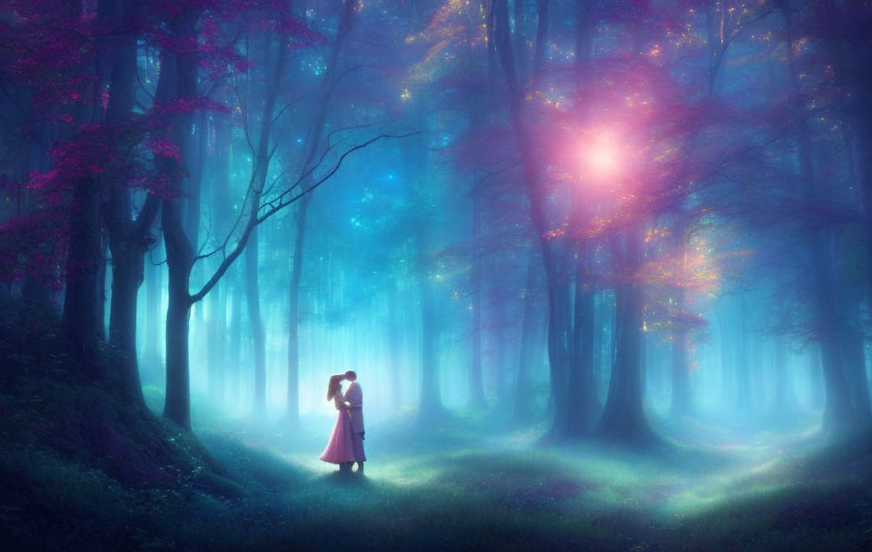 Person in Pink Dress Stands in Mystical Forest with Ethereal Atmosphere