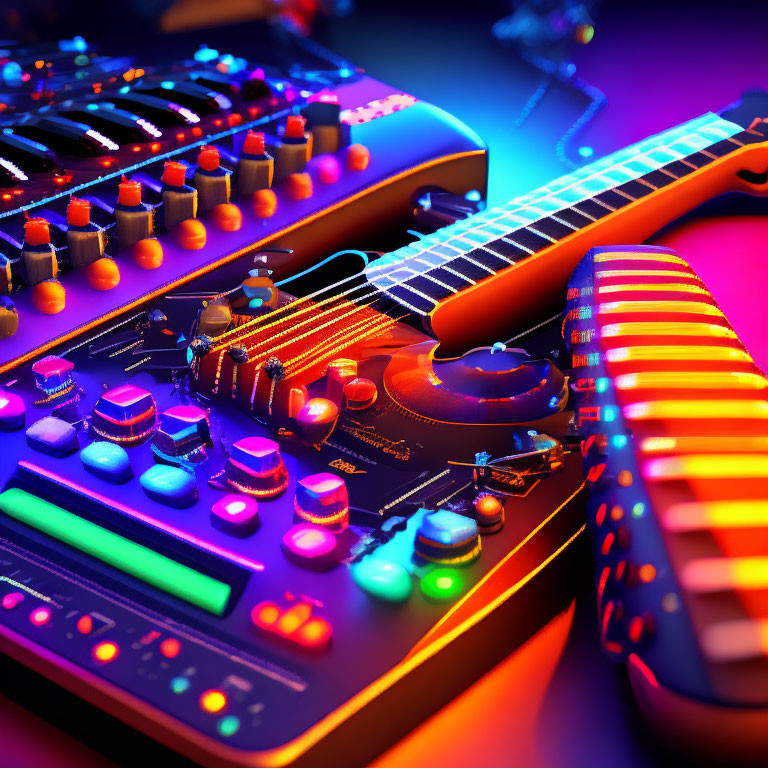 Colorful Electric Guitar on DJ Mixing Console in Neon-Lit Studio