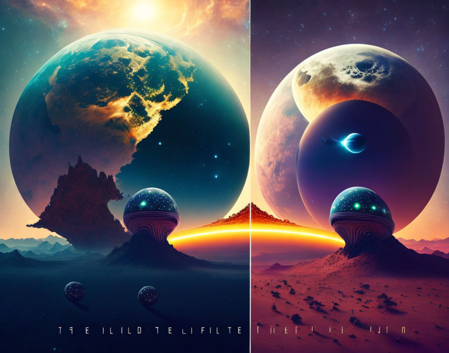 Surreal alien landscape diptych with massive planets and fiery horizon