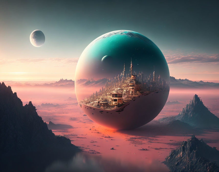 Futuristic city in a sphere dome on mountainous terrain with distant moon and planets