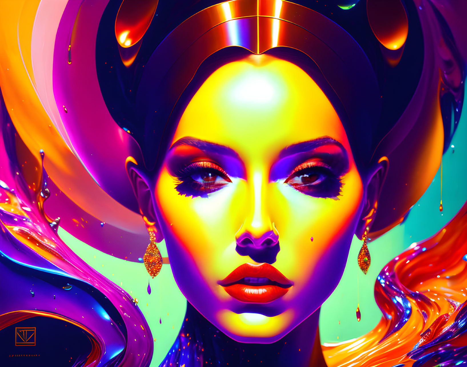 Colorful digital portrait of woman with flowing liquid and cosmic accessories