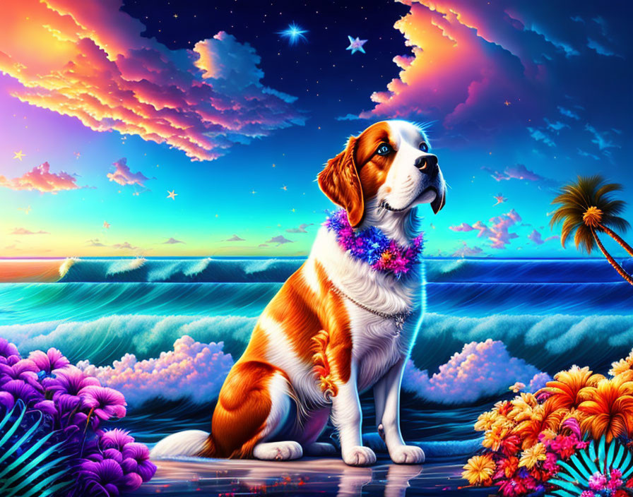 Colorful Dog with Lei by Ocean & Flowers at Twilight