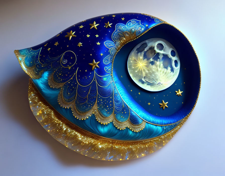 Cosmic teardrop shape with moon and stars in blues and golds