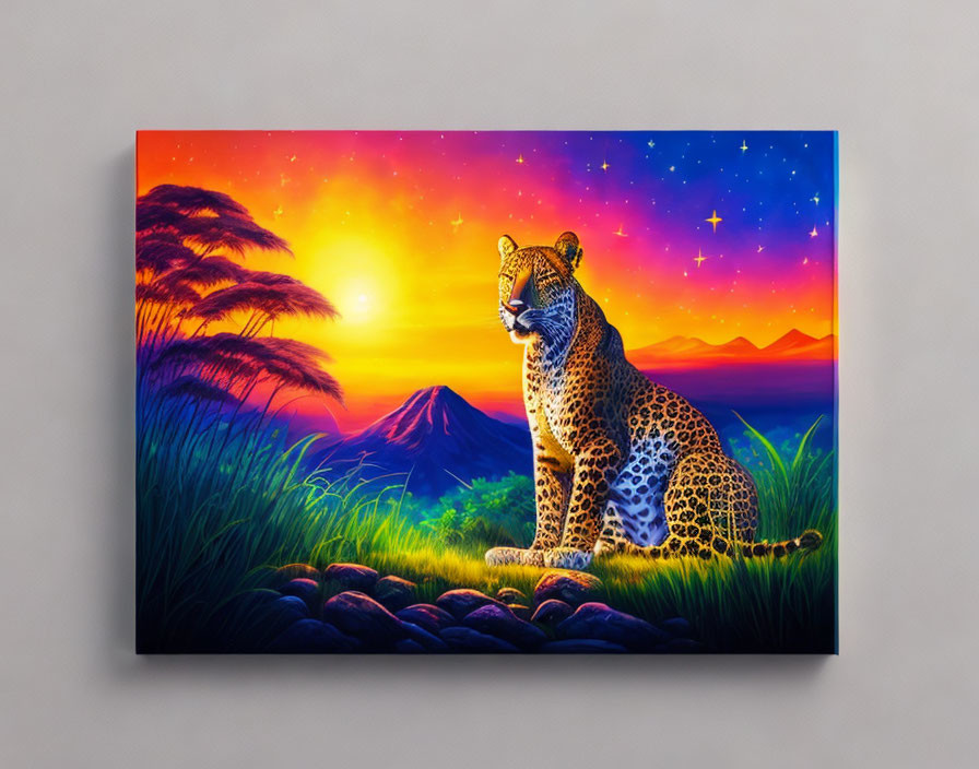 Colorful Leopard Painting with Cosmic Sunset Background on Wall