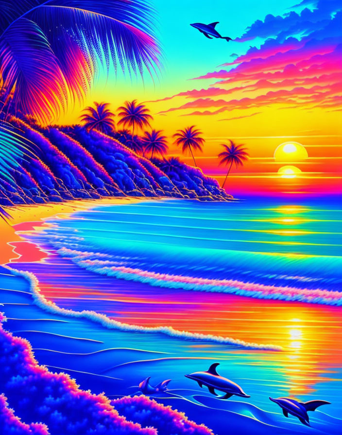 Colorful sunset beach scene with silhouetted palm trees, rolling waves, dolphins, and bird