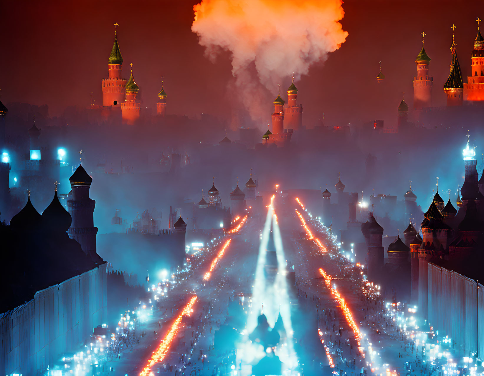 Cityscape at night with illuminated streets and historical buildings in foggy atmosphere
