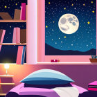 Nighttime bedroom with open window, full moon, stars, mountains, bookshelf, lamp