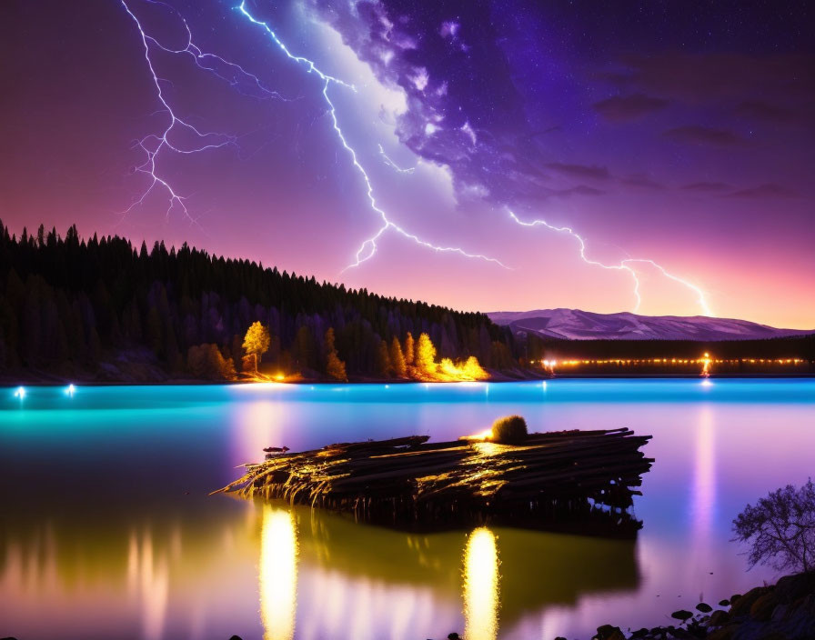 night, lake, purple-blue lightning