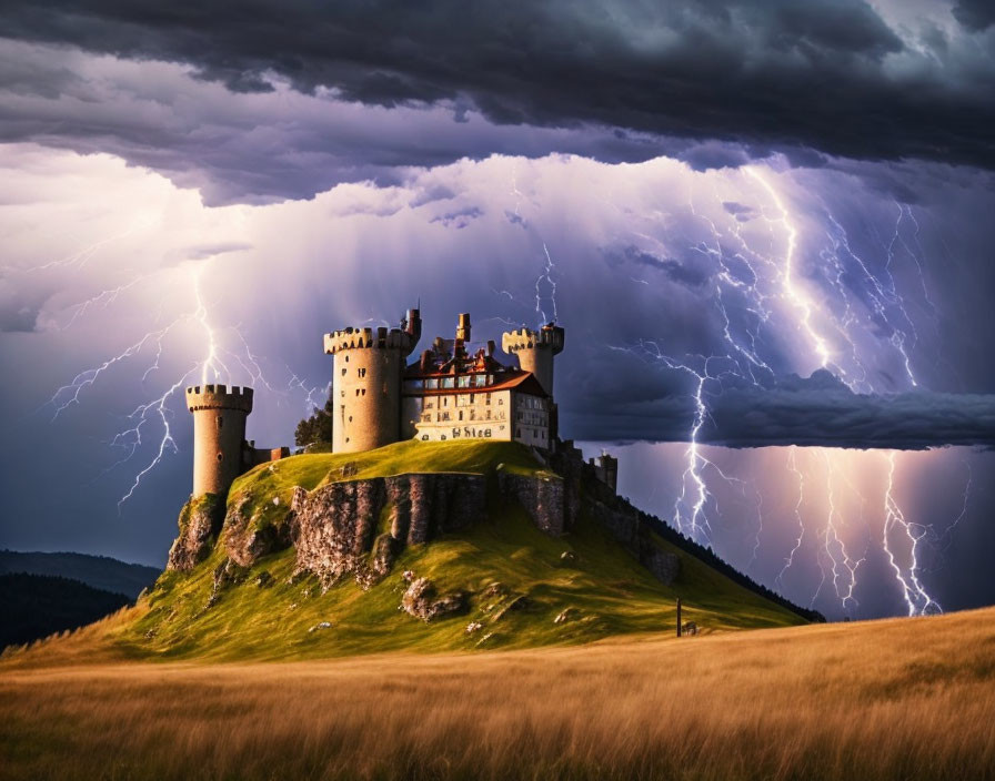 gloomy castle on the mountain, clouds, lightning 