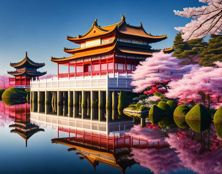 chinese palace, lake, sakura
