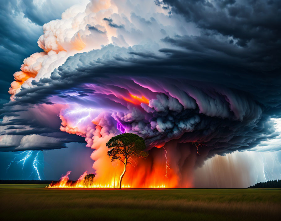 storm clouds, lightning, tree on fire