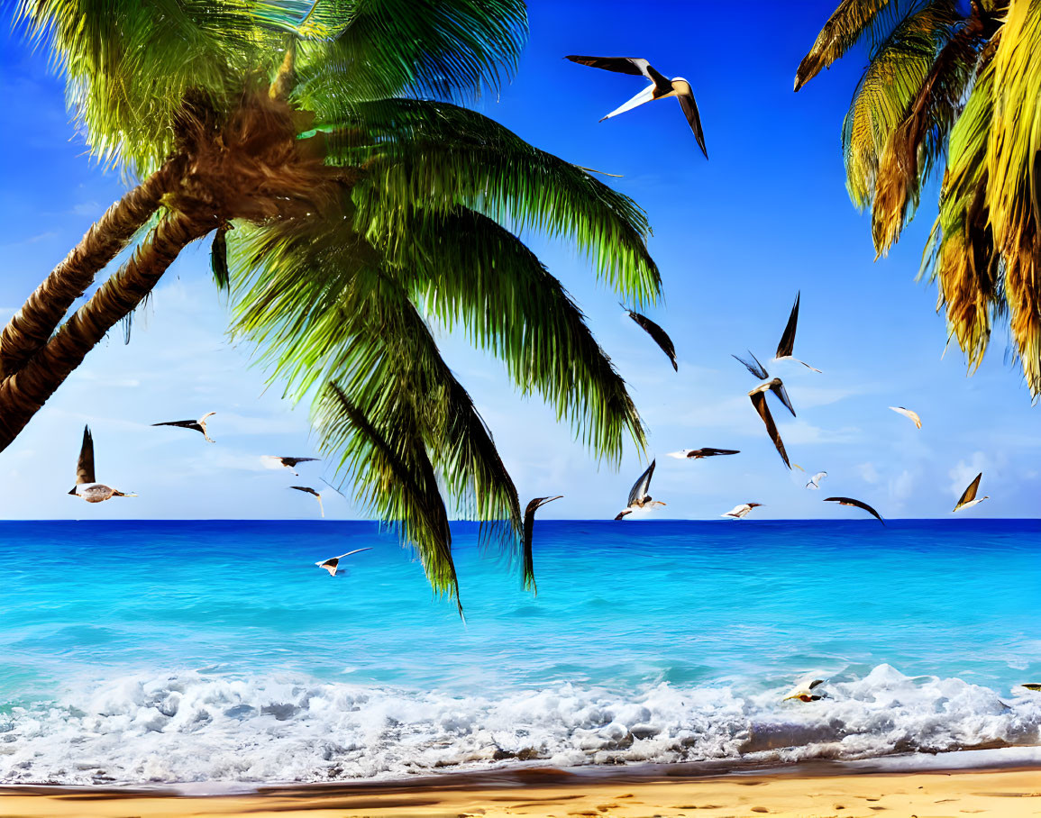 sun, sea, beach, palm tree, seagulls 