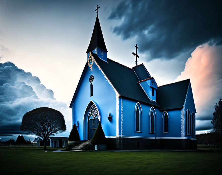 gloomy church, blue clouds over the church