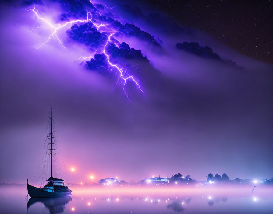 night, fog, purple-blue lightning