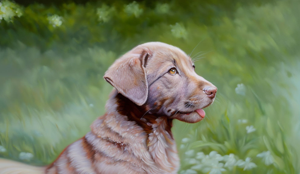 Brown Dog with Glossy Coat Panting Against Greenery Background