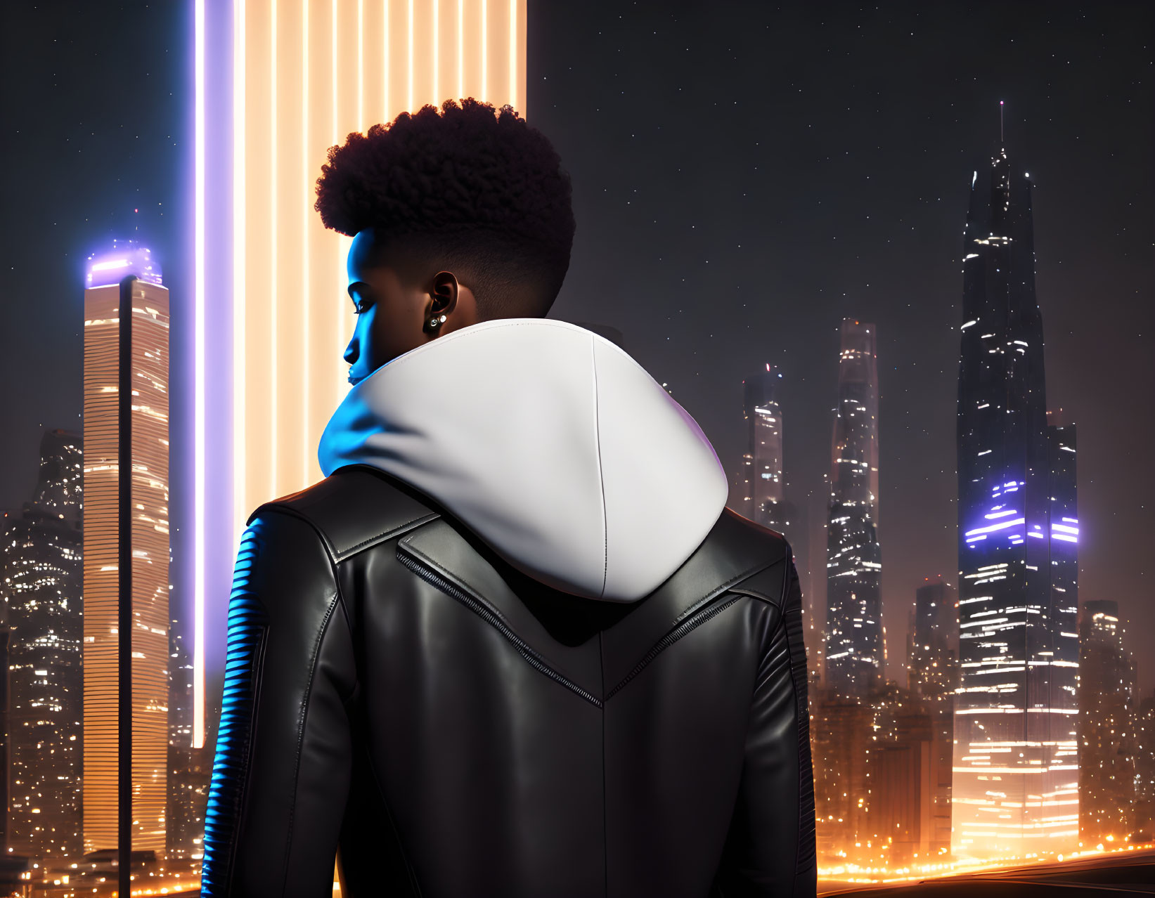 Person with Afro Hairstyle Observing Futuristic Night Cityscape